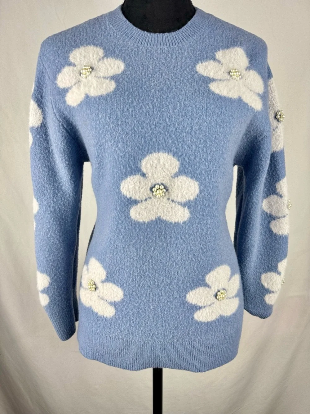 Emma’s Expressions Floral Embellished Blue Crewneck Sweater - Picture 1 of 6